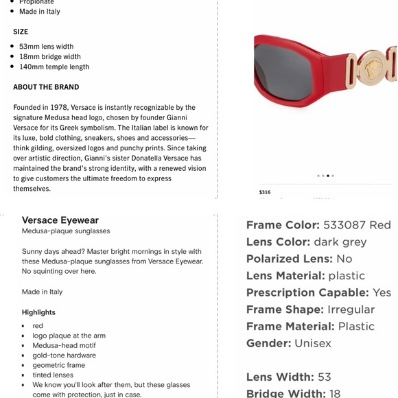 VERSACE UNISEX STRIKING RED AND GOLD SIGNATURE MEDUSA MOTIF SUNGLASSES